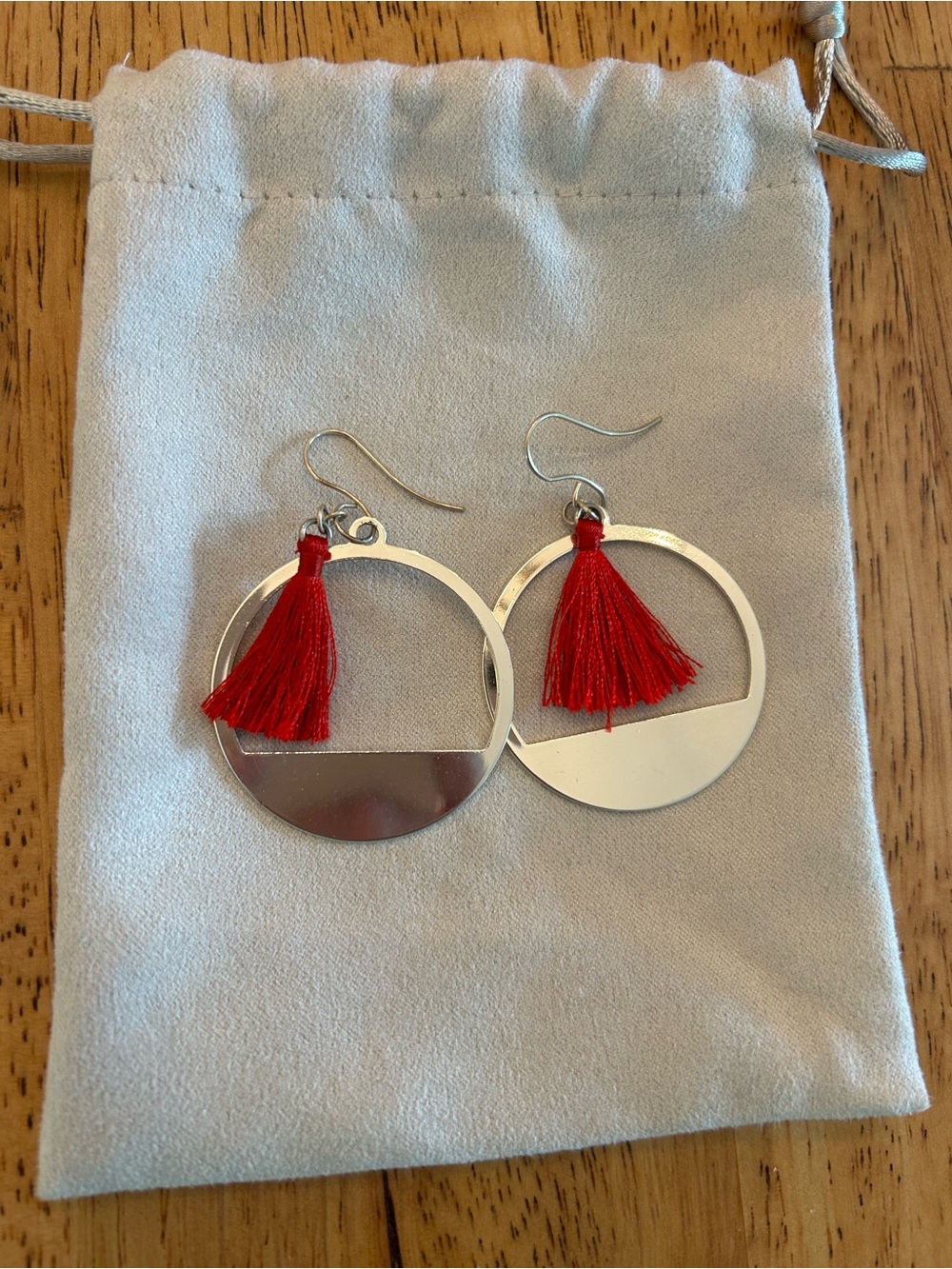 Silver Hoop Earrings with Red Tassels - Women Jewelry